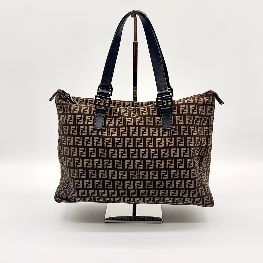 TC0190 Pre Loved Authentic FENDI Zucchino Tote Brown Canvas with Leather Handles